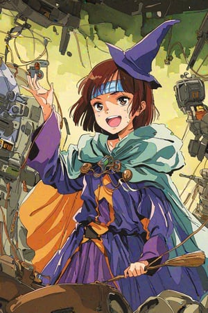 high resolution,highly detailed illustrations,best quality,detailed beautiful eyes,high resolution,highly detailed illustrations,best quality,detailed beautiful eyes,Noriko Takaya,1girl,headband,solo,medium hair,(flat chest),retro artstyle,sweat,cockpit,brown hair,light blue headband,long headband,witch costume, pointed hat, black flowing dress, broomstick, green face paint, long cape, gothic jewelry, dark makeup, mystical aura,robot,mecha,sitting in the cockpit,(All-sky ambient monitor),lots of wiring,(cord connected to body:1.1),(wires are connected to the body:1.1), BREAK space, milky way,earth, planet,watercolor_(medium),laughing,open mouth,leaning forward,(halloween),halloween costume,