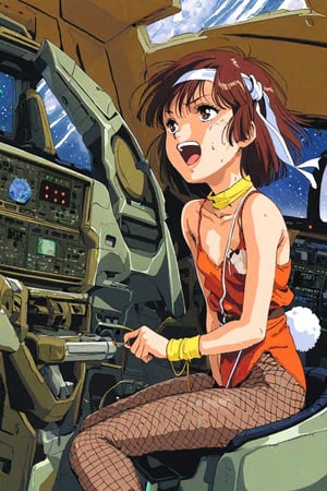 high resolution,highly detailed illustrations,best quality,detailed beautiful eyes,high resolution,highly detailed illustrations,best quality,detailed beautiful eyes,Noriko Takaya,1girl,headband,solo,medium hair,(flat chest),retro artstyle,sweat,cockpit,brown hair,light blue headband,long headband,yellow wristband,bunny girl,fishnet pantyhose, high heels,robot,mecha,sitting in the cockpit,(All-sky ambient monitor),lots of wiring,(cord connected to body:1.1),(wires are connected to the body:1.1), BREAK space, milky way,earth, planet,watercolor_(medium),laughing,open mouth,leaning forward,(halloween),halloween costume,rabbit tail,