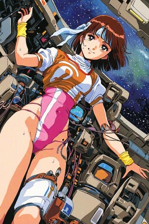 high resolution,highly detailed illustrations,best quality,detailed beautiful eyes,high resolution,highly detailed illustrations,best quality,detailed beautiful eyes,Noriko Takaya,1girl,headband,solo,short hair,smiling,retro artstyle,sweat,cockpit,brown hair,light blue headband,long headband,yellow wristband,(pink high leg leotard),(white turtleneck T-shirt,short sleeves,puffysleeves),robot,mecha,sitting in the cockpit,lots of wiring,(cord connected to body:1.1),(wires are connected to the body:1.1, BREAK space, milky way,earth, planet,watercolor_(medium),from below,foreshortening