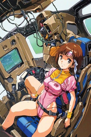 high resolution,highly detailed illustrations,best quality,detailed beautiful eyes,high resolution,highly detailed illustrations,best quality,detailed beautiful eyes,Noriko Takaya,1girl,headband,solo,short hair,smiling,retro artstyle,sweat,cockpit,brown hair,light blue headband,long headband,yellow wristband,(pink high leg leotard),(white turtleneck T-shirt,short sleeves,puffysleeves),robot,mecha,sitting in the cockpit,lots of wiring,(cord connected to body:1.1),(wires are connected to the body:1.1,narrow angle,watercolor_(medium)