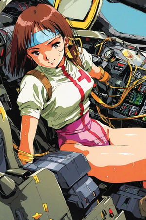 high resolution,highly detailed illustrations,best quality,detailed beautiful eyes,high resolution,highly detailed illustrations,best quality,detailed beautiful eyes,Noriko Takaya,1girl,headband,solo,short hair,smiling,retro artstyle,sweat,cockpit,brown hair,light blue headband,long headband,yellow wristband,(pink high leg leotard),(white turtleneck T-shirt,short sleeves,puffysleeves),robot,mecha,sitting in the cockpit,lots of wiring,(cord connected to body:1.1),(wires are connected to the body:1.1,portrait,watercolor_(medium)