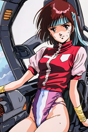 high resolution,highly detailed illustrations,best quality,detailed beautiful eyes,high resolution,highly detailed illustrations,best quality,detailed beautiful eyes,Noriko Takaya,1girl,headband,solo,short hair,retro artstyle,sweat,cockpit,brown hair,light blue headband,long headband,yellow wristband,(high leg leotard),((pink leotard)),(T-shirt,short sleeves,or a shirt over leotard,puffysleeves,turtleneck:1.3),robot,mecha,sitting in the cockpit,watercolor,norikotakaya