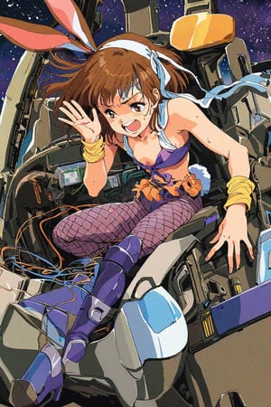 high resolution,highly detailed illustrations,best quality,detailed beautiful eyes,high resolution,highly detailed illustrations,best quality,detailed beautiful eyes,Noriko Takaya,1girl,headband,solo,medium hair,(flat chest),retro artstyle,sweat,cockpit,brown hair,light blue headband,long headband,yellow wristband,bunny girl,fishnet pantyhose, high heels,robot,mecha,sitting in the cockpit,(All-sky ambient monitor),lots of wiring,(cord connected to body:1.1),(wires are connected to the body:1.1), BREAK space, milky way,earth, planet,watercolor_(medium),laughing,open mouth,leaning forward,(halloween),halloween costume,rabbit tail,