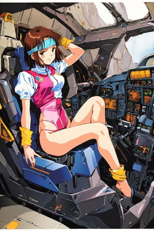 high resolution,highly detailed illustrations,best quality,detailed beautiful eyes,high resolution,highly detailed illustrations,best quality,detailed beautiful eyes,Noriko Takaya,1girl,headband,solo,short hair,smiling,retro artstyle,sweat,cockpit,brown hair,light blue headband,long headband,yellow wristband,(pink high leg leotard),(white turtleneck T-shirt,short sleeves,puffysleeves),robot,mecha,sitting in the cockpit,lots of wiring,(cord connected to body:1.1),(wires are connected to the body:1.1,narrow angle,watercolor_(medium)