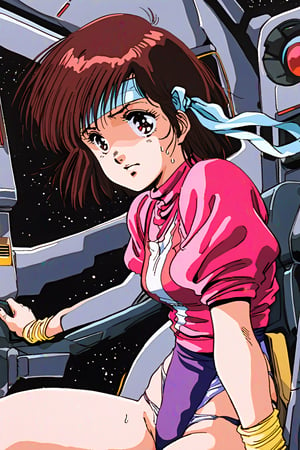 high resolution,highly detailed illustrations,best quality,detailed beautiful eyes,high resolution,highly detailed illustrations,best quality,detailed beautiful eyes,Noriko Takaya,1girl,headband,solo,short hair,retro artstyle,sweat,cockpit,brown hair,light blue headband,long headband,yellow wristband,(high leg leotard),((pink leotard)),(T-shirt,short sleeves,or a shirt over leotard,puffysleeves,turtleneck:1.3),robot,mecha,sitting in the cockpit,watercolor,norikotakaya