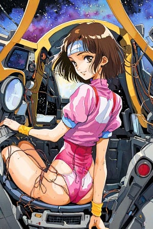 high resolution,highly detailed illustrations,best quality,detailed beautiful eyes,high resolution,highly detailed illustrations,best quality,detailed beautiful eyes,Noriko Takaya,1girl,headband,solo,short hair,smiling,retro artstyle,sweat,cockpit,brown hair,light blue headband,long headband,yellow wristband,(pink high leg leotard),(white turtleneck T-shirt,short sleeves,puffysleeves),robot,mecha,sitting in the cockpit,lots of wiring,(cord connected to body:1.1),(wires are connected to the body:1.1, BREAK space, milky way,watercolor_(medium),(from behind,looking back at viewer:1.5)