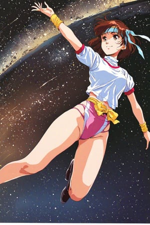 high resolution,highly detailed illustrations,best quality,detailed beautiful eyes,high resolution,highly detailed illustrations,best quality,detailed beautiful eyes,Noriko Takaya,1girl,headband,solo,short hair,smiling,retro artstyle,brown hair,light blue headband,long headband,yellow wristband,(pink high leg leotard),(white turtleneck T-shirt,short sleeves,puffysleeves),space, milky way,earth, planet,Dramatic shadows, dynamic poses,from below:1.5,watercolor_(medium)