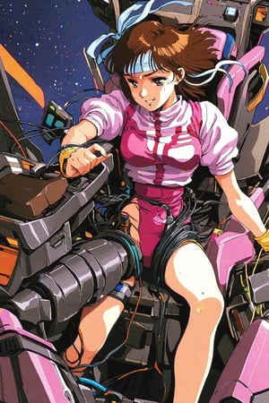 high resolution,highly detailed illustrations,best quality,detailed beautiful eyes,high resolution,highly detailed illustrations,best quality,detailed beautiful eyes,Noriko Takaya,1girl,headband,solo,short hair,smiling,retro artstyle,sweat,cockpit,brown hair,light blue headband,long headband,yellow wristband,(pink high leg leotard),(white turtleneck T-shirt,short sleeves,puffysleeves),robot,mecha,sitting in the cockpit,motion trace,lots of wiring,(cord connected to body:1.1),(wires are connected to the body:1.1,narrow angle,watercolor_(medium)