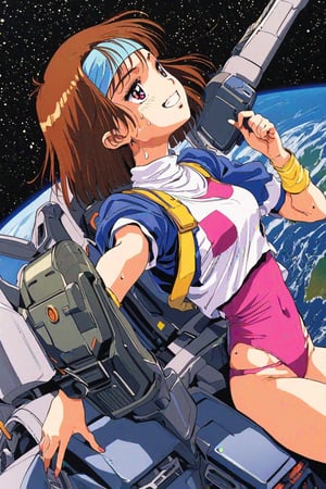 high resolution,highly detailed illustrations,best quality,detailed beautiful eyes,high resolution,highly detailed illustrations,best quality,detailed beautiful eyes,Noriko Takaya,1girl,headband,solo,short hair,smiling,retro artstyle,sweat,cockpit,brown hair,light blue headband,long headband,yellow wristband,(pink high leg leotard),(white turtleneck T-shirt,short sleeves,puffysleeves),space, milky way,earth, planet,from above,watercolor_(medium)