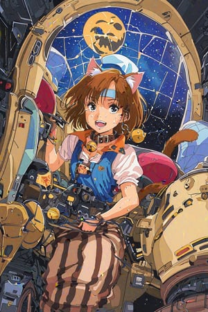 high resolution,highly detailed illustrations,best quality,detailed beautiful eyes,high resolution,highly detailed illustrations,best quality,detailed beautiful eyes,Noriko Takaya,1girl,headband,solo,medium hair,(flat chest),retro artstyle,sweat,cockpit,brown hair,light blue headband,long headband,pirate costume, tricorn hat, eyepatch, cutlass, striped pants, gold earrings, rugged look, treasure chest,robot,mecha,sitting in the cockpit,(All-sky ambient monitor),lots of wiring,(cord connected to body:1.1),(wires are connected to the body:1.1), BREAK space, milky way,earth, planet,watercolor_(medium),laughing,open mouth,leaning forward,(halloween),halloween costume,(cat tail,cat ears,collar,neck bell:1.5)