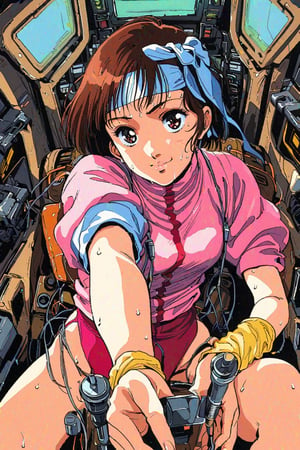 high resolution,highly detailed illustrations,best quality,detailed beautiful eyes,high resolution,highly detailed illustrations,best quality,detailed beautiful eyes,Noriko Takaya,1girl,headband,solo,short hair,smiling,retro artstyle,sweat,cockpit,brown hair,light blue headband,long headband,yellow wristband,(pink high leg leotard),(white turtleneck T-shirt,short sleeves,puffysleeves),robot,mecha,sitting in the cockpit,lots of wiring,(cord connected to body:1.1),(wires are connected to the body:1.1,from above,watercolor_(medium)