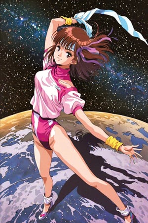 high resolution,highly detailed illustrations,best quality,detailed beautiful eyes,high resolution,highly detailed illustrations,best quality,detailed beautiful eyes,Noriko Takaya,1girl,headband,solo,short hair,smiling,retro artstyle,brown hair,light blue headband,long headband,yellow wristband,(pink high leg leotard),(white turtleneck T-shirt,short sleeves,puffysleeves),space, milky way,earth, planet,Dramatic shadows, dynamic poses,from above,watercolor_(medium)