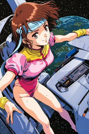 high resolution,highly detailed illustrations,best quality,detailed beautiful eyes,high resolution,highly detailed illustrations,best quality,detailed beautiful eyes,Noriko Takaya,1girl,headband,solo,short hair,smiling,retro artstyle,sweat,cockpit,brown hair,light blue headband,long headband,yellow wristband,(pink high leg leotard),(white turtleneck T-shirt,short sleeves,puffysleeves),space, milky way,earth, planet,from above,watercolor_(medium)