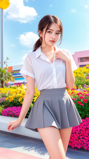 A fashionable young girl taking photos in the sunny weather, wearing white shirt, gray skirt, with a background of Memphis-style photography elements, featuring bright colors and artistic vibes. High-definition photo of a cewe-sma in vibrant Memphis-style setting under the sun, full of lively colors and youthful energy,light,Nice legs and hot body,1girl,cewe-sma