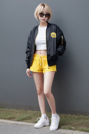 korea girl 22 year old, blond sleek pixie shorts hair style, wearing oversize yellow jacket bomber m1, shorts bluejeans, white sneaker, solid black background,(Ruan-mei)