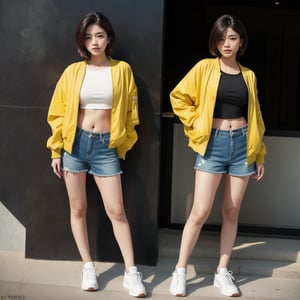 india girl 22 year old, blond sleek pixie shorts hair style, wearing oversize yellow jacket bomber m1, shorts bluejeans, white sneaker, solid black background,(Ruan-mei),Mallu beauty