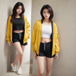 india girl 22 year old, blond sleek pixie shorts hair style, wearing oversize yellow jacket bomber m1, shorts bluejeans, white sneaker, solid black background,(Ruan-mei),Mallu beauty