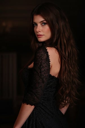 Hyperrealistic full body photo of Alinne Moraes, realistic face, realistic eyes, realistic skin texture, wearing a long black lace dress with velvet and gemstone details, in a gothic setting, mysterious and dark atmosphere. Cinematic style