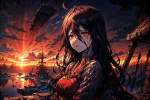 Albedo's anguished face, tears mixing with the blood stains on her dress, as the warm crimson hues of sunset illuminate the desolate battlefield. Her tattered kimono is proof of the great battle, showing her bare chest, in contrast to the turmoil within. The stillness conveys hope and comfort in the midst of destruction, Albedo's desperate expression a poignant counterpoint to the serene backdrop.,aanezuko,(Albedo)