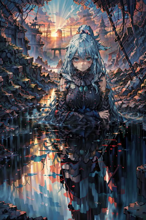 Aqua's anguished face, tears mingling with bloodstains on her dress, cradles Kazuma's limp form as warm crimson sunset hues illuminate the desolate battlefield. The torn fabric of her garment resembles the waterfall's gentle flow, contrasting with the turmoil within. Kazuma's stillness conveys solace amidst destruction, Aqua's despairing expression a poignant counterpoint to the serene backdrop.,Aqua,Aqua Attire,nodf_lora