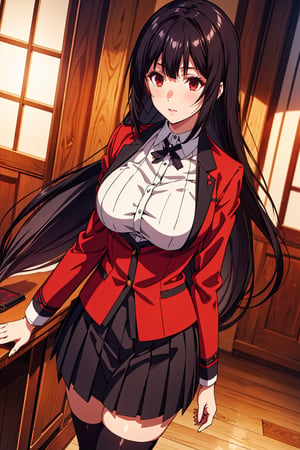 Yumeko Yabami stands out in Hyakkaou Academy's elegant halls, oak floors, marble walls, large windows, art paintings, raven hair falling to waist like crow wings. She walks elegantly, wearing standard female uniform: red jacket with black details, white shirt, thin black bow, short gray pleated skirt with black stripes accentuating curvy figure (B89-W56-H87). Brown loafers with black soles complete the outfit. The midday sun casts a warm glow on bold lips, defined eyebrows, and large light brown eyes gleaming crimson red, expressing madness and lust.,YUMEKO JABAMI, LONG HAIR, VERY LONG HAIR, BLACK HAIR, (RED EYES:1.3)