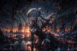 Aqua's anguished face, tears mixing with the blood stains on her dress, as the warm crimson hues of sunset illuminate the desolate battlefield. Contrasting with the internal turmoil. The stillness conveys hope and comfort in the midst of destruction, Hestia's desperate expression a poignant counterpoint to the serene backdrop.,albedo,aaaqua