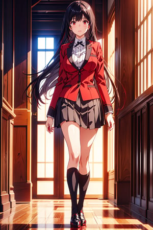 Yumeko Yabami stands out in Hyakkaou Academy's elegant halls, oak floors, marble walls, large windows, art paintings, raven hair falling to waist like crow wings. She walks elegantly, wearing standard female uniform: red jacket with black details, white shirt, thin black bow, short gray pleated skirt with black stripes accentuating curvy figure (B89-W56-H87). Brown loafers with black soles complete the outfit. The midday sun casts a warm glow on bold lips, defined eyebrows, and large light brown eyes gleaming crimson red, expressing madness and lust.,YUMEKO JABAMI, LONG HAIR, VERY LONG HAIR, BLACK HAIR, (RED EYES:1.3)