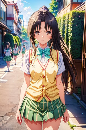 A stunning Rin Kujou steps out onto the vibrant streets of Shibuya, with her long jet black hair flowing behind her tied in a ponytail. Her fine facial features, including large bright brown eyes and bold lips, convey maturity and confidence as she walks. The midday sun casts a warm glow on her slender figure, accentuating her well-defined curves: (B86-W61-H86). Her high school uniform is baggy, but tight enough to highlight her figure (white blouse, mint bow, beige vest, short green plaid skirt), drawing attention to her striking physique. As she navigates the bustling streets, her serious expression hints at an inner beauty radiating from within.,rin kujou,1girl,Eyes