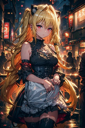 Konjiki no Yami stands out against the neon-lit Tokyo backdrop, her blonde locks cascading down her legs like a golden waterfall. Two silver-black clips resembling cat ears hold up her long pigtails, framing her heart-shaped face. She wears tight black gothic lolita attire, accentuating her curves and B-cup bust (75-52-77). As she strolls through Shibuya's bustling streets, she indulges in a Taiyaki snack from the brown paper bag, her features illuminated: striking red eyes, bold lips, and defined brows.
