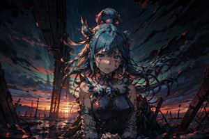 Aqua's anguished face, tears mixing with the blood stains on her dress, as the warm crimson hues of sunset illuminate the desolate battlefield. Contrasting with the internal turmoil. The stillness conveys hope and comfort in the midst of destruction, Hestia's desperate expression a poignant counterpoint to the serene backdrop.,albedo,aaaqua
