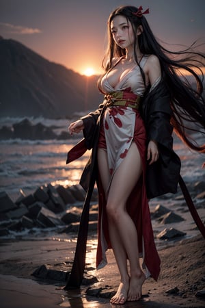 Nezuko's anguished face, tears mixing with the blood stains on her dress, as the warm crimson hues of sunset illuminate the desolate battlefield. Her tattered kimono is proof of the great battle, showing her bare chest, in contrast to the turmoil within. The stillness conveys hope and comfort in the midst of destruction, Nezuko's desperate expression a poignant counterpoint to the serene backdrop.