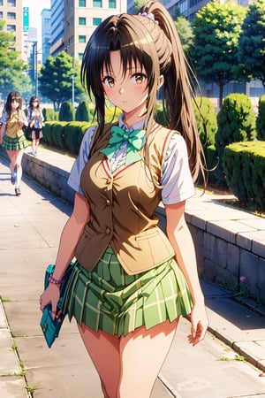 Rin Kujou, a stunning 17-year-old, steps out onto Shibuya's vibrant streets. Her long jet black hair flows behind her in a ponytail as she walks with confidence and maturity. The midday sun casts a warm glow on her slender figure (B86-53-86), accentuating her well-defined curves. She wears a white blouse, mint bow, beige vest, and short green plaid skirt that highlights her striking physique. Her serious expression hints at an inner beauty radiating from within as she navigates the bustling streets.