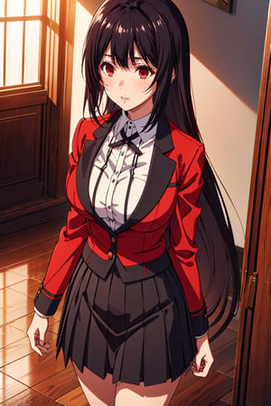 Yumeko Yabami stands out in Hyakkaou Academy's elegant halls, oak floors, marble walls, large windows, art paintings, raven hair falling to waist like crow wings. She walks elegantly, wearing standard female uniform: red jacket with black details, white shirt, thin black bow, short gray pleated skirt with black stripes accentuating curvy figure (B89-W56-H87). Brown loafers with black soles complete the outfit. The midday sun casts a warm glow on bold lips, defined eyebrows, and large light brown eyes gleaming crimson red, expressing madness and lust.,YUMEKO JABAMI, LONG HAIR, VERY LONG HAIR, BLACK HAIR, (RED EYES:1.3)