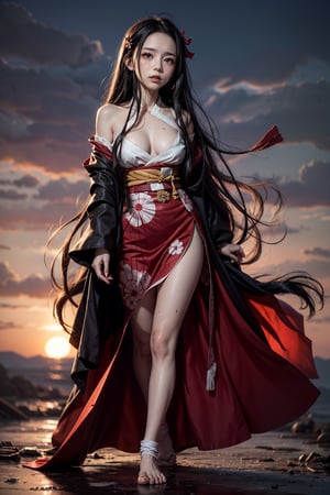 Nezuko's anguished face, tears mixing with the blood stains on her dress, as the warm crimson hues of sunset illuminate the desolate battlefield. Her tattered kimono is proof of the great battle, showing her bare chest, in contrast to the turmoil within. The stillness conveys hope and comfort in the midst of destruction, Nezuko's desperate expression a poignant counterpoint to the serene backdrop.,xuer ai yazawa style girl