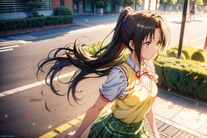 Rin Kujou, a stunning 17-year-old, steps out onto Shibuya's vibrant streets. Her long jet black hair flows behind her in a ponytail as she walks with confidence and maturity. The midday sun casts a warm glow on her slender figure (B86-53-86), accentuating her well-defined curves. She wears a white blouse, mint bow, beige vest, and short green plaid skirt that highlights her striking physique. Her serious expression hints at an inner beauty radiating from within as she navigates the bustling streets.