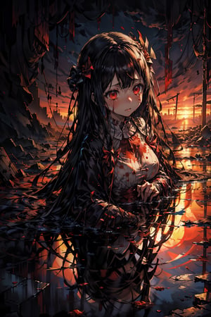 Nezuko's anguished face, tears mixing with the blood stains on her dress, as the warm crimson hues of sunset illuminate the desolate battlefield. Contrasting with the internal turmoil. The stillness conveys hope and comfort in the midst of destruction, Hestia's desperate expression a poignant counterpoint to the serene backdrop.,albedo,aaaqua