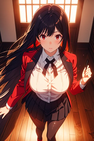 Yumeko Yabami stands out in the grand halls of Hyakkaou Academy, oak floors creaking beneath her feet as she strides confidently amidst marble walls, large windows, and ornate art pieces. Her raven tresses cascade down her back like a dark waterfall, framing her striking features. She wears the standard uniform with poise: red jacket with black accents, white shirt, thin black bow, short gray skirt with black stripes, and brown loafers with black soles. The midday sun casts a warm glow on her bold lips, defined eyebrows, and large light brown eyes aglow with a crimson red intensity, as if fueled by madness and desire. Her captivating beauty, accentuated by her curvy figure (B89- W56-H87), draws attention from the students around her.,YUMEKO JABAMI, LONG HAIR, VERY LONG HAIR, BLACK HAIR, (RED EYES:1.3)