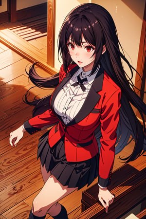 Yumeko Yabami stands out in the grand halls of Hyakkaou Academy, oak floors creaking beneath her feet as she strides confidently amidst marble walls, large windows, and ornate art pieces. Her raven tresses cascade down her back like a dark waterfall, framing her striking features. She wears the standard uniform with poise: red jacket with black accents, white shirt, thin black bow, short gray skirt with black stripes, and brown loafers with black soles. The midday sun casts a warm glow on her bold lips, defined eyebrows, and large light brown eyes aglow with a crimson red intensity, as if fueled by madness and desire. Her captivating beauty, accentuated by her curvy figure (B89- W56-H87), draws attention from the students around her.,YUMEKO JABAMI, LONG HAIR, VERY LONG HAIR, BLACK HAIR, (RED EYES:1.3)