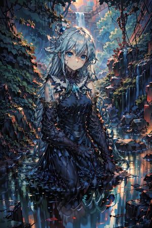 Aqua's anguish is palpable as she clutches Kazuma's lifeless body, tears flowing like the waterfall-stained fabric of her dress. The warm crimson sunset casts a soft glow on the devastated landscape, Aqua's despairing expression juxtaposed with the serene backdrop. Her beautiful blue eyes well up with sorrow, while Kazuma's still form conveys a sense of comfort amidst chaos.