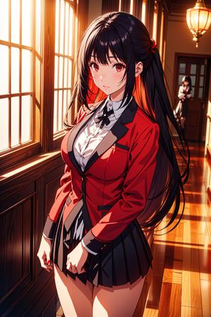 Yumeko Yabami stands out in the grand halls of Hyakkaou Academy, oak floors creaking beneath her feet as she strides confidently amidst marble walls, large windows, and ornate art pieces. Her raven tresses cascade down her back like a dark waterfall, framing her striking features. She wears the standard uniform with poise: red jacket with black accents, white shirt, thin black bow, short gray skirt with black stripes, and brown loafers with black soles. The midday sun casts a warm glow on her bold lips, defined eyebrows, and large light brown eyes aglow with a crimson red intensity, as if fueled by madness and desire. Her captivating beauty, accentuated by her curvy figure (B89- W56-H87), draws attention from the students around her.,YUMEKO JABAMI, LONG HAIR, VERY LONG HAIR, BLACK HAIR, (RED EYES:1.3)