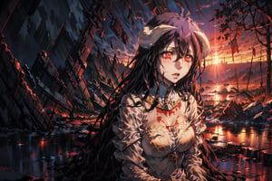 Albedo's anguished face, tears mixing with the blood stains on her dress, as the warm crimson hues of sunset illuminate the desolate battlefield. Contrasting with the internal turmoil. The stillness conveys hope and comfort in the midst of destruction, Hestia's desperate expression a poignant counterpoint to the serene backdrop.,albedo