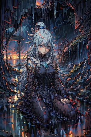 Aqua's anguished face, tears mingling with bloodstains on her dress, cradles Kazuma's limp form as warm crimson sunset hues illuminate the desolate battlefield. The torn fabric of her garment resembles the waterfall's gentle flow, contrasting with the turmoil within. Kazuma's stillness conveys solace amidst destruction, Aqua's despairing expression a poignant counterpoint to the serene backdrop.