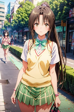 Rin Kujou, a stunning 17-year-old, steps out onto Shibuya's vibrant streets. Her long jet black hair flows behind her in a ponytail as she walks with confidence and maturity. The midday sun casts a warm glow on her slender figure (B86-53-86), accentuating her well-defined curves. She wears a white blouse, mint bow, beige vest, and short green plaid skirt that highlights her striking physique. Her serious expression hints at an inner beauty radiating from within as she navigates the bustling streets.