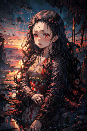 Nezuko's anguished face, tears mixing with the blood stains on her dress, as the warm crimson hues of sunset illuminate the desolate battlefield. Her tattered kimono is proof of the great battle, showing her bare chest, in contrast to the turmoil within. The stillness conveys hope and comfort in the midst of destruction, Nezuko's desperate expression a poignant counterpoint to the serene backdrop.,aanezuko