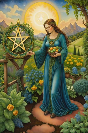 seven of pentacles card of tarot: A figure in a garden, observing a pentacle on a bush, symbolizing patience, long-term investment, and harvesting rewards. artfrahm,visionary art style