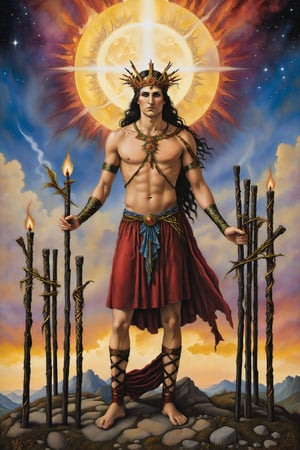 9 of  wands card of tarot: A wounded figure standing, holding a wand and standing in front of eight other wands, symbolizing resilience and perseverance.. artfrahm,visionary art style