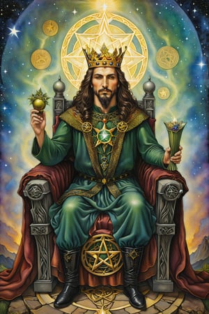 king of pentacles card of tarot:  A king sitting on his throne, holding a pentacle firmly, symbolizing financial security, material success, and management skills. artfrahm,visionary art style