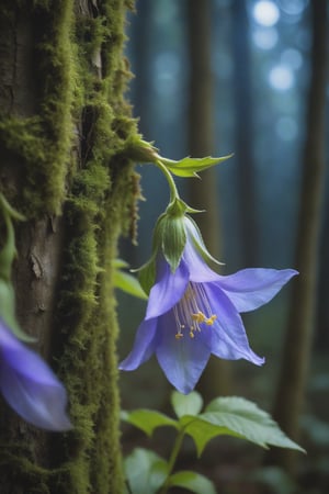 Ghostly Bellflower of Enchanted Forests: Its bells tinkle with a magical sound that attracts fairies, hidden among ancient trees where moonlight dances on the leaves.