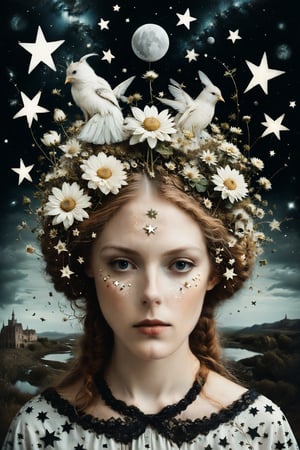 Generate an aesthetically fascinating collage artwork, complex double exposure art by Alex Stoddard, Natalia Drepina and Brooke Shaden, a surreal postcard. Double exposure. Woman with a composition of stars in her head, as a form of thoughts. long_exposure, long_exposure, flower, gbaywing