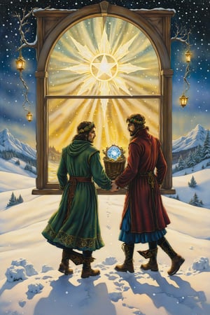 five of pentacles card of tarot: Two figures walking in the snow past an illuminated window, symbolizing financial difficulties, lack, and mutual support. artfrahm,visionary art style